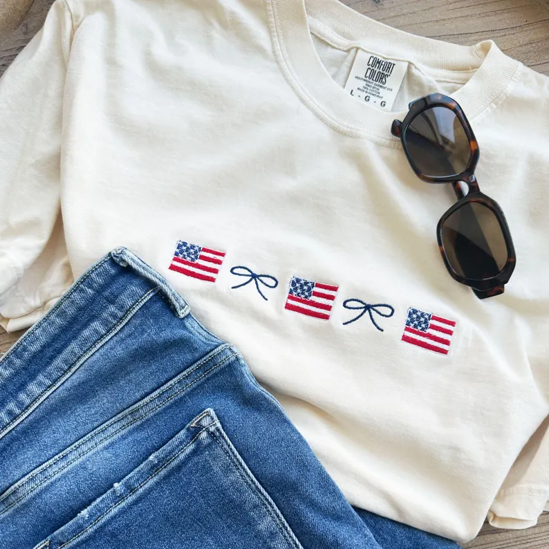 Embroidered Flag & Bow Tee – Coquette 4th of July Shirt Comfort Colors®