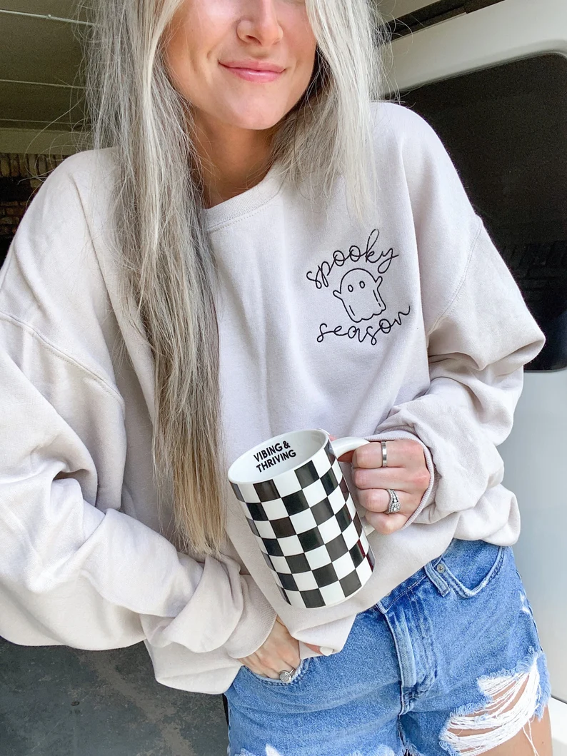 Spooky Season Sweatshirt – Embroidered Halloween Ghost Crewneck