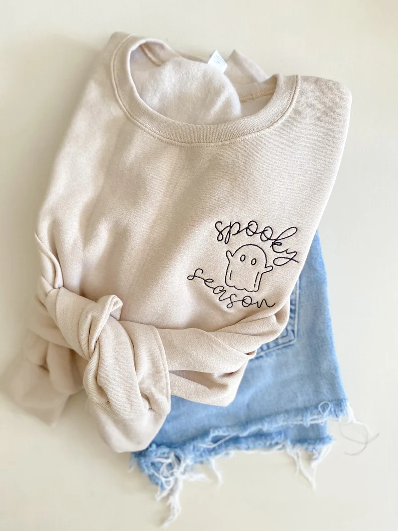 Spooky Season Sweatshirt – Embroidered Halloween Ghost Crewneck