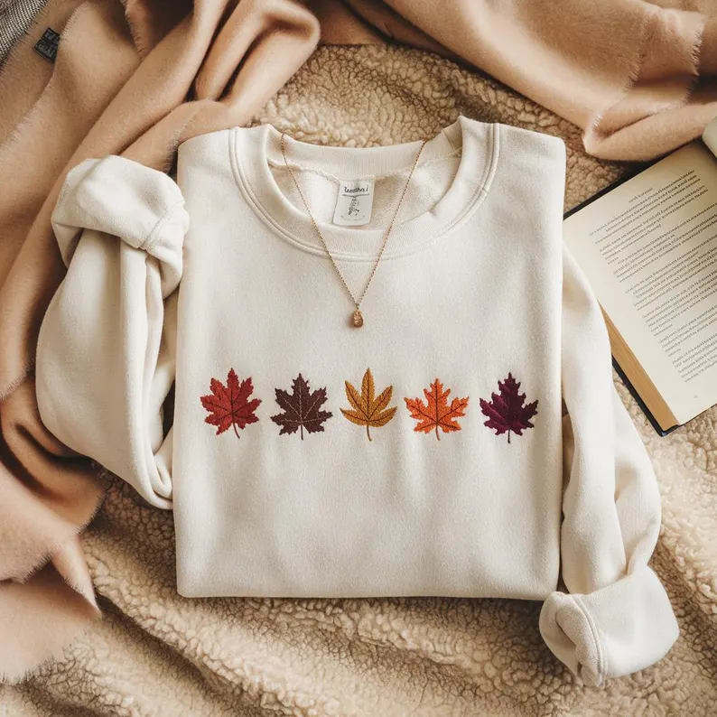 Cozy Autumn Leaves Sweatshirt – Fall Season Embroidered Pullover