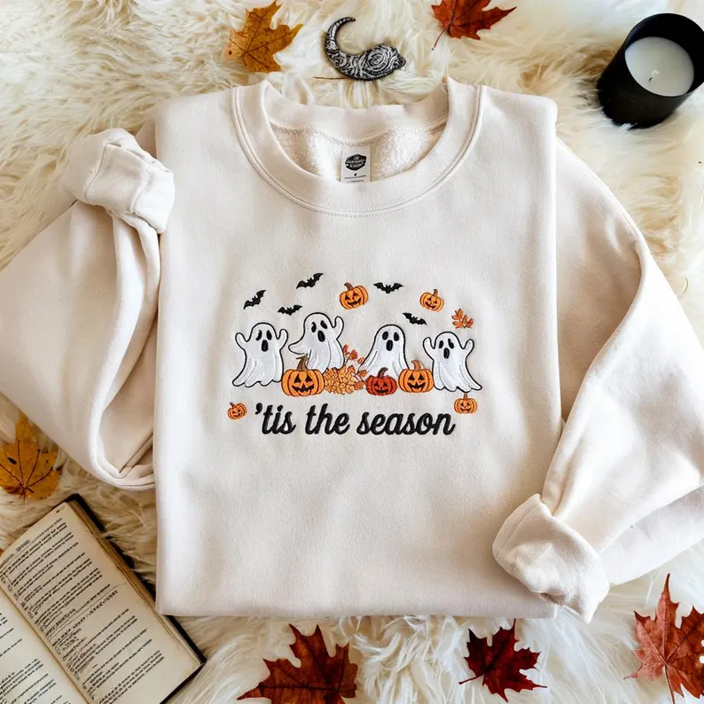 Pumpkin Season Embroidered Sweatshirt – Retro Ghost Halloween Top