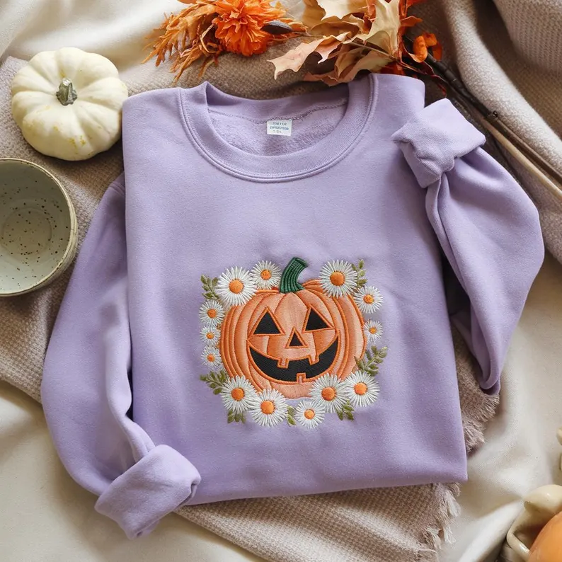 Spooky Floral Pumpkin Sweatshirt – Embroidered Fall Halloween Shirt