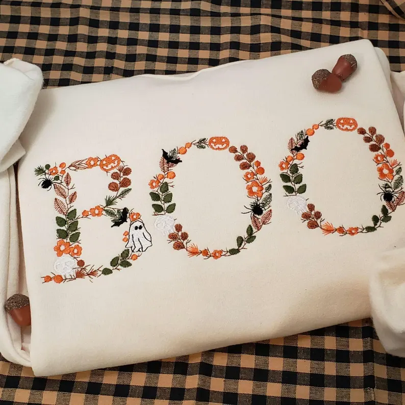 Spooky Ghost & Autumn Leaves Embroidered Sweatshirt