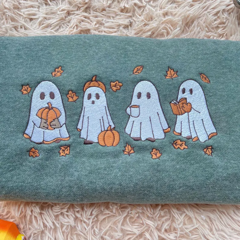 Embroidered Ghost & Pumpkin Fall Premium Sweatshirt Comfort Color
