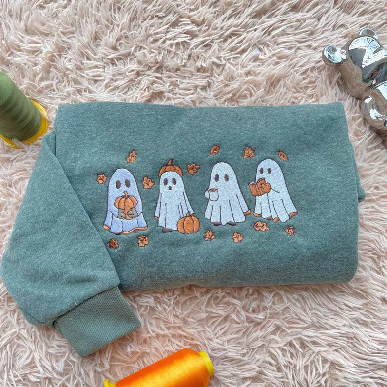 Embroidered Ghost & Pumpkin Fall Premium Sweatshirt Comfort Color