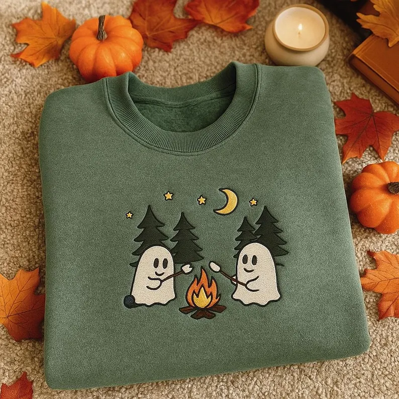 Vintage Ghost Camping Embroidered Sweater