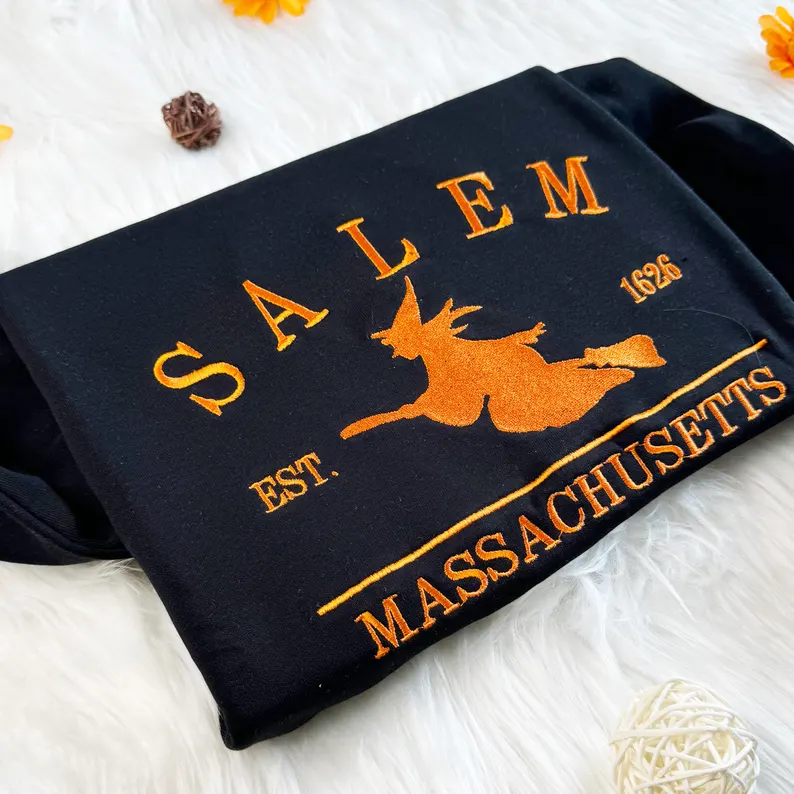 Unisex Salem Witch Crewneck – Embroidered Massachusetts Hoodie & T-Shirt