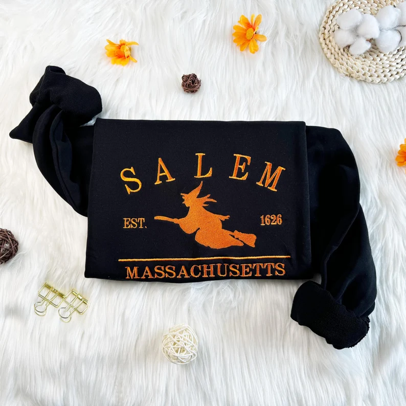 Unisex Salem Witch Crewneck – Embroidered Massachusetts Hoodie & T-Shirt