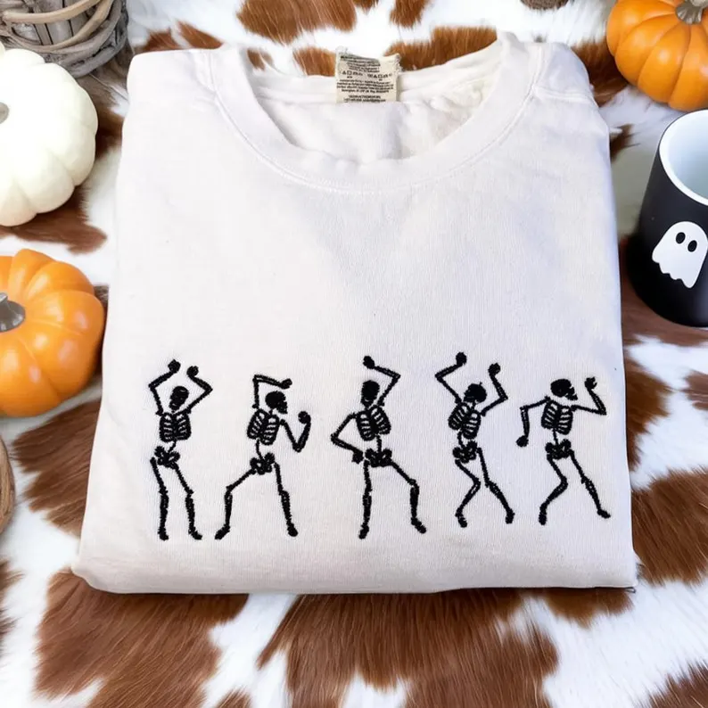 Embroidered Spooky Season Crewneck – Halloween Dancing Skeletons Premium Sweatshirt Comfort Color