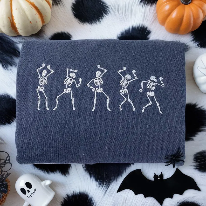 Embroidered Spooky Season Crewneck – Halloween Dancing Skeletons Premium Sweatshirt Comfort Color