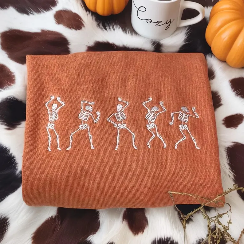 Embroidered Spooky Season Crewneck – Halloween Dancing Skeletons Premium Sweatshirt Comfort Color