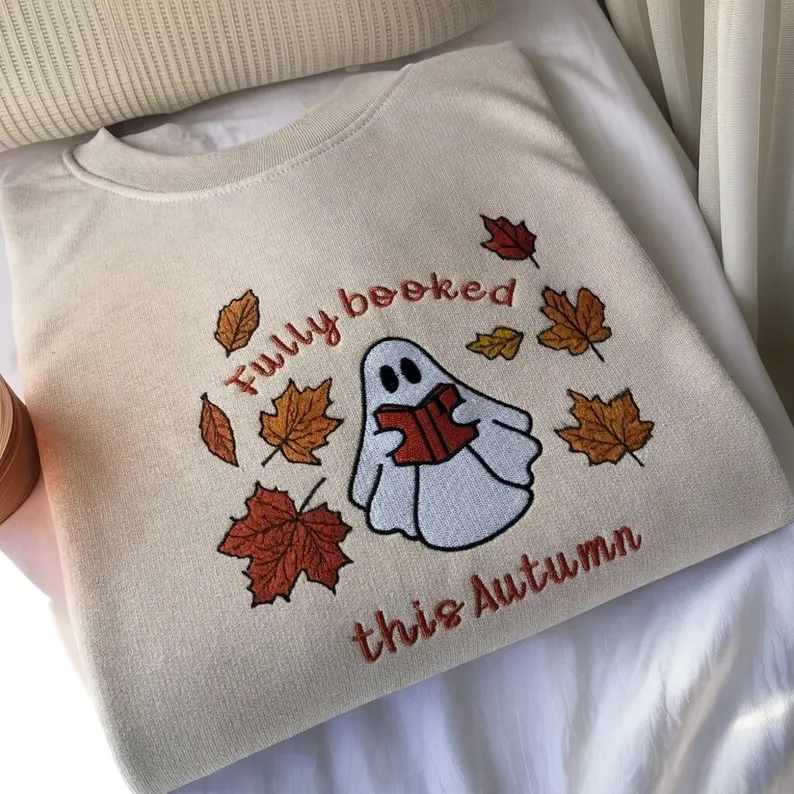 Fully Booked Ghost Embroidered Sweatshirt – Cute Fall Book Lover Halloween Crewneck