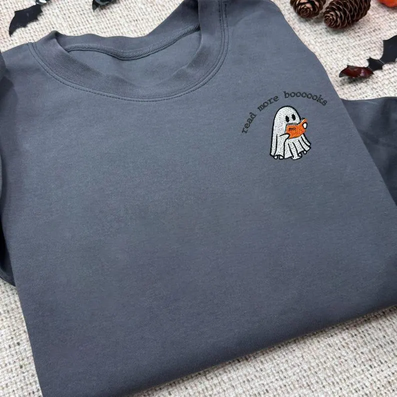 Ghost Reading Books Embroidered Sweatshirt – Spooky Book Lover Halloween Shirt