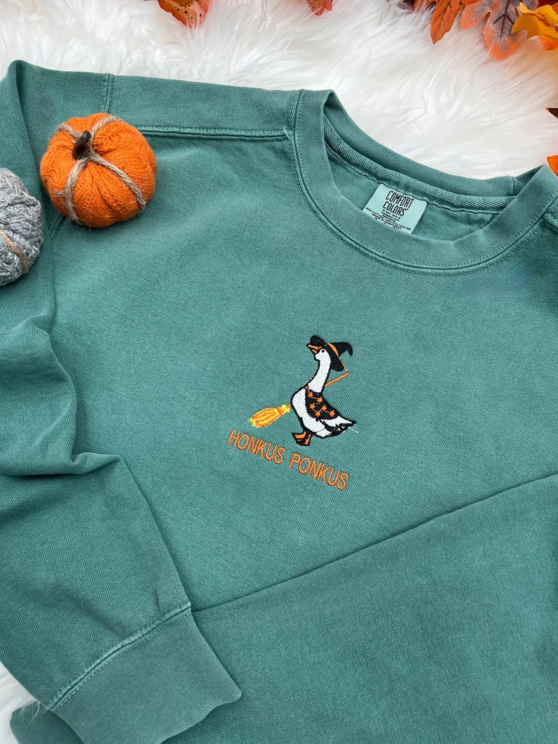Embroidered Goose Witch Sweatshirt – Honkus Ponkus Halloween Crewneck Premium Sweatshirt Comfort Color