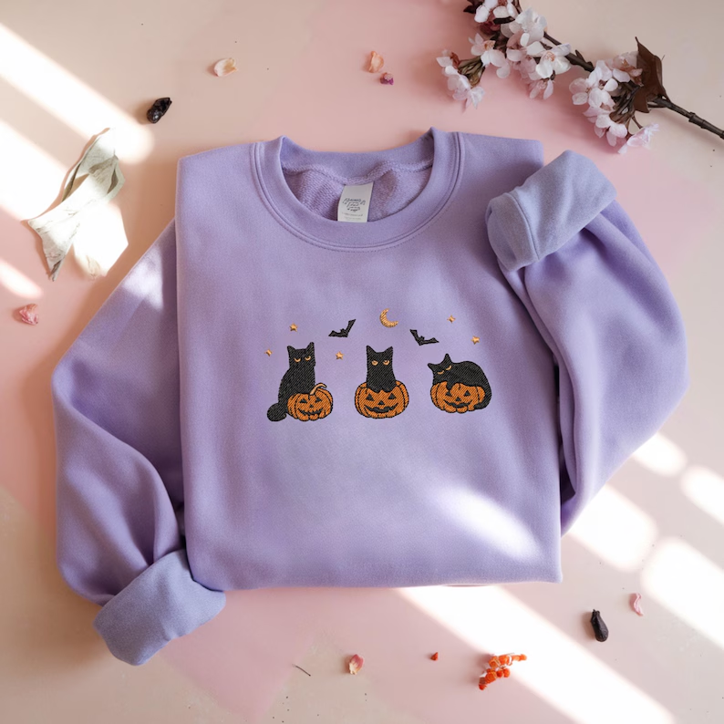 Embroidered Black Cat Halloween Sweatshirt – Cute Fall Pumpkin Crewneck