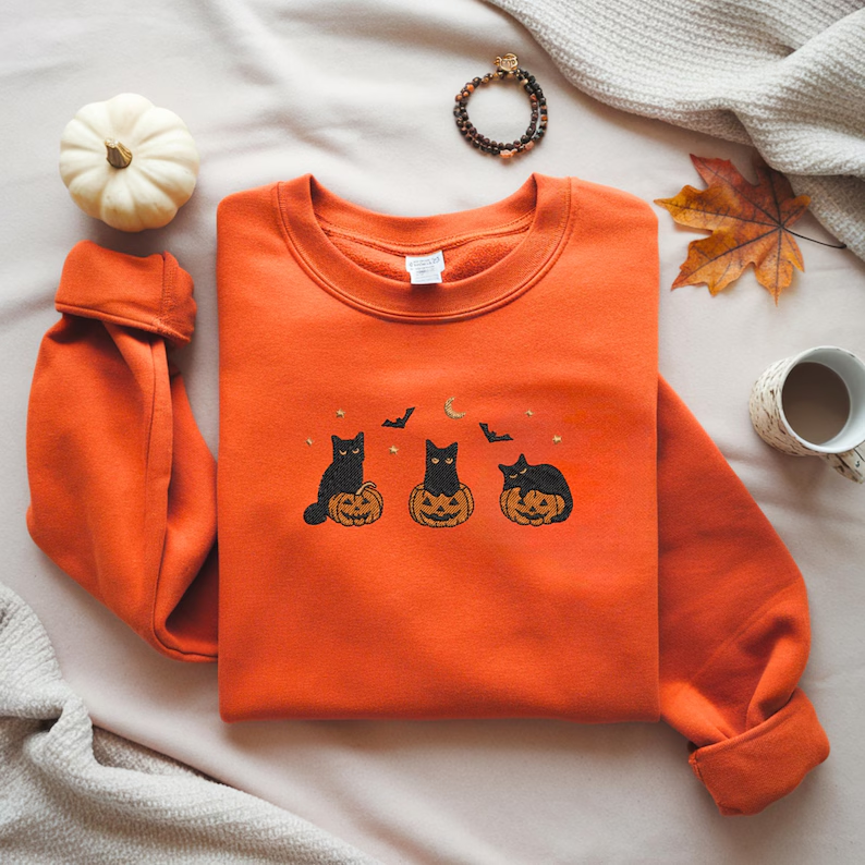 Embroidered Black Cat Halloween Sweatshirt – Cute Fall Pumpkin Crewneck