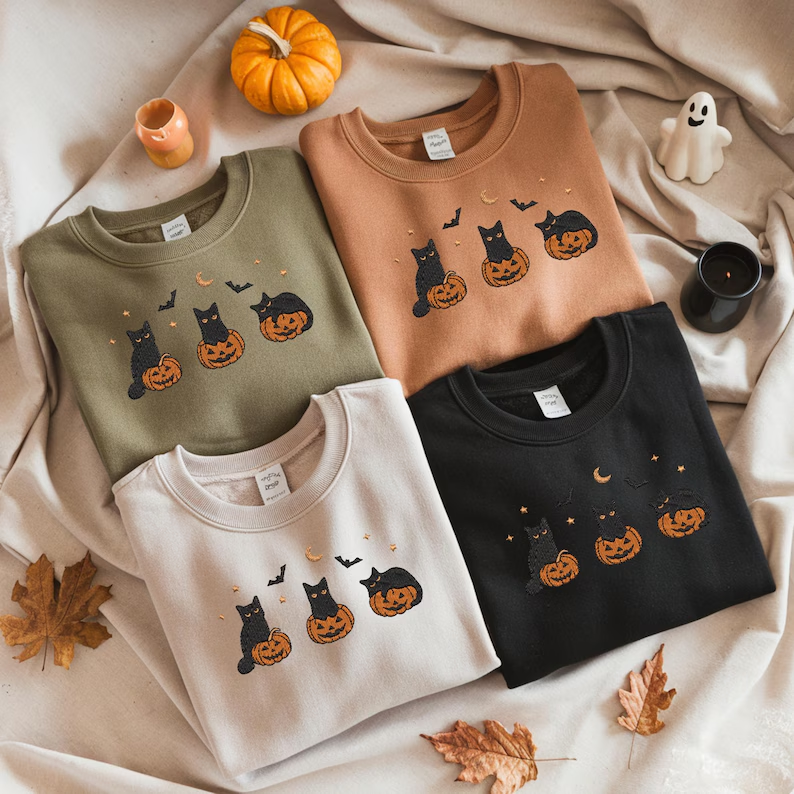 Embroidered Black Cat Halloween Sweatshirt – Cute Fall Pumpkin Crewneck