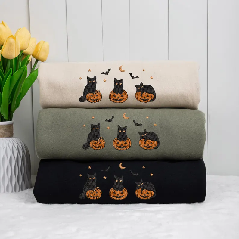 Embroidered Black Cat Halloween Sweatshirt – Cute Fall Pumpkin Crewneck