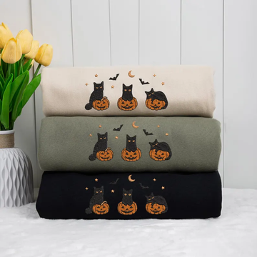 Embroidered Black Cat Halloween Sweatshirt – Cute Fall Pumpkin Crewneck