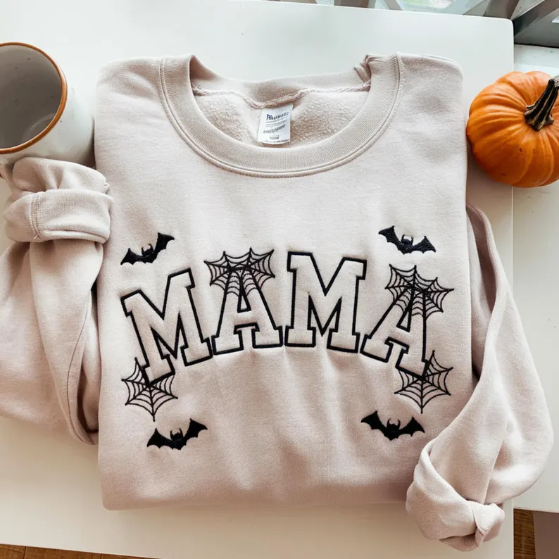 Mama Embroidered Halloween Sweatshirt – Cute Bat Mom Hoodie & Fall Crewneck Gift