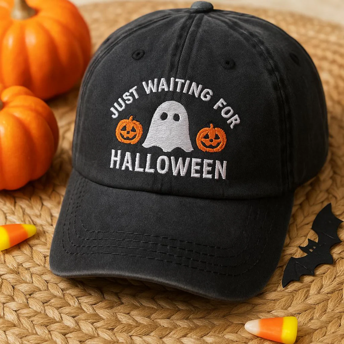 Just Waiting For Halloween Embroidered Hat – Funny Ghost Pumpkin Baseball Cap