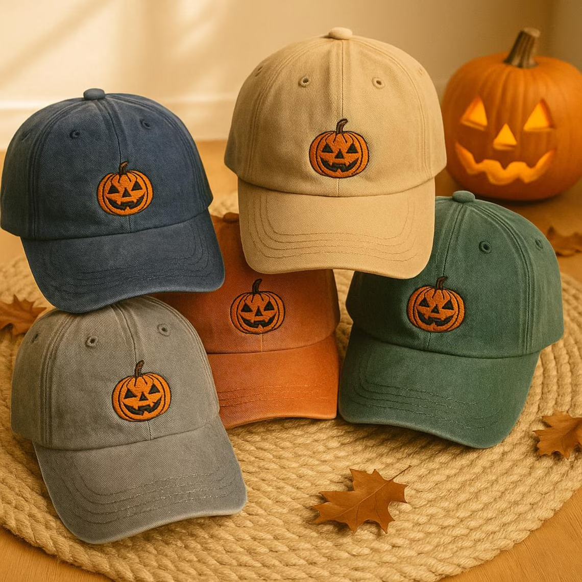Ghost Pumpkin Embroidered Hat – Vintage Halloween Baseball Cap, Spooky Season Gift