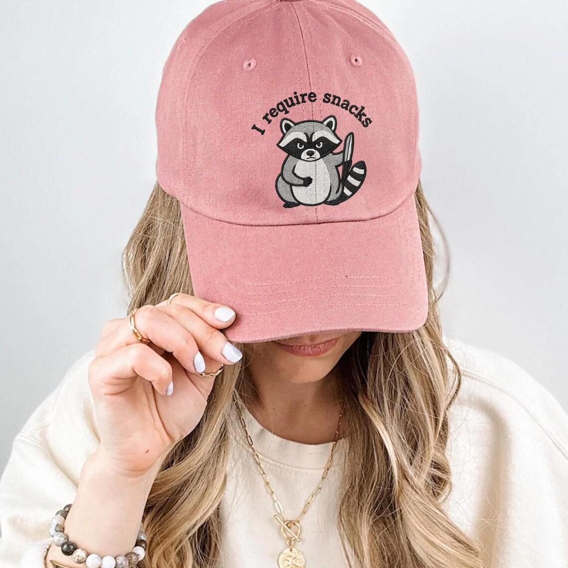 I Require Snacks Raccoon Embroidered Hat