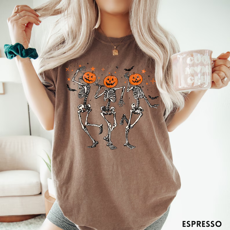 Trendy Retro Halloween Shirt, Dancing Skeletons Graphic Tee