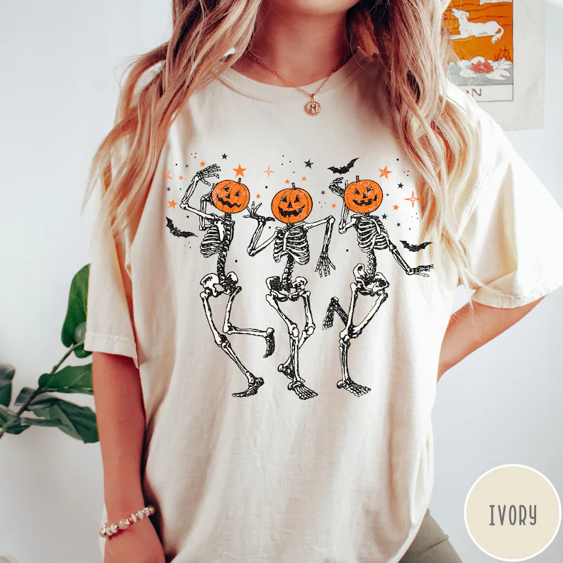Trendy Retro Halloween Shirt, Dancing Skeletons Graphic Tee