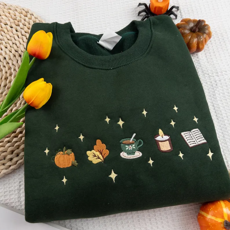 Autumn Icons Embroidered Sweatshirt, Pumpkin and Books Fall Shirt