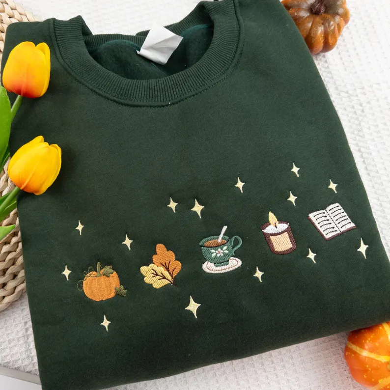 Autumn Icons Embroidered Sweatshirt, Pumpkin and Books Fall Shirt