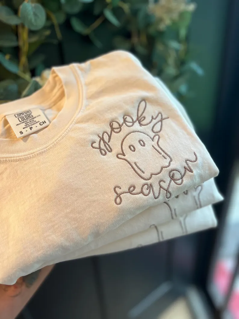 Cute Ghost Embroidered Halloween T-Shirt – Spooky Season Premium Comfort Colors Tee