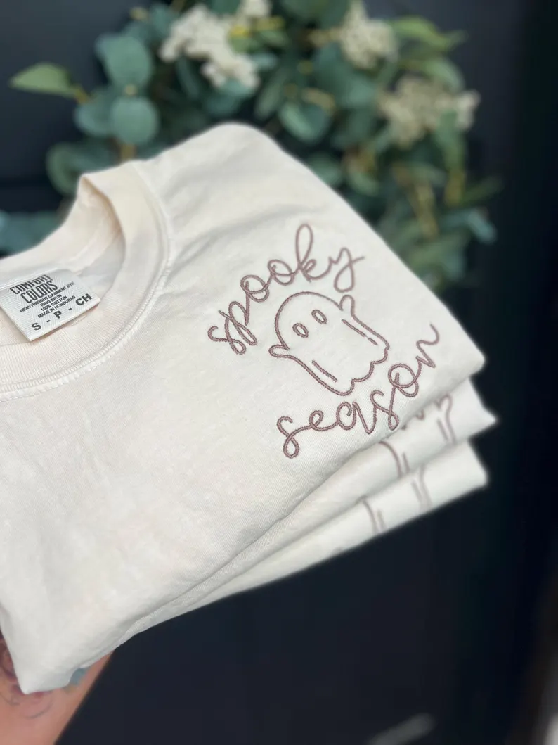 Cute Ghost Embroidered Halloween T-Shirt – Spooky Season Premium Comfort Colors Tee