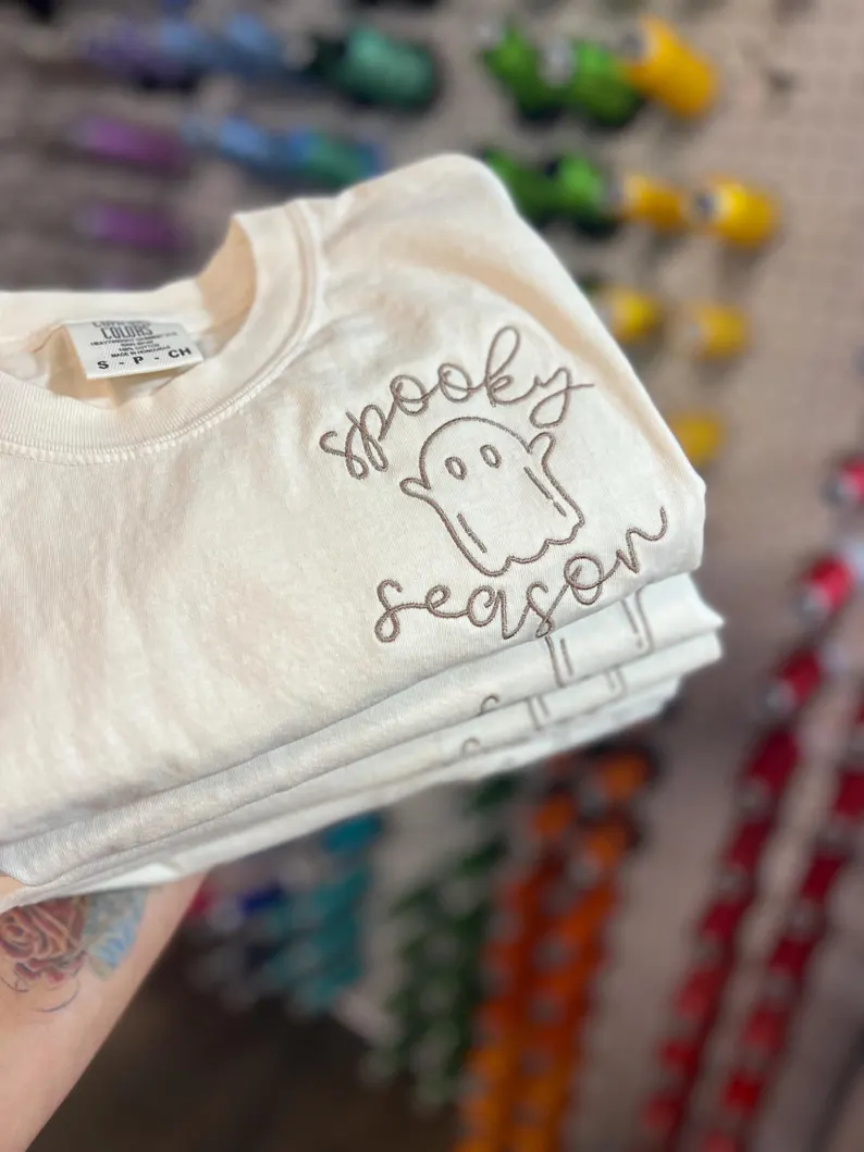 Cute Ghost Embroidered Halloween T-Shirt – Spooky Season Premium Comfort Colors Tee