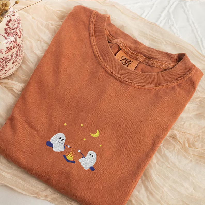 Cute Ghosts Camping Embroidered T-Shirt – Premium Comfort Colors T-Shirt