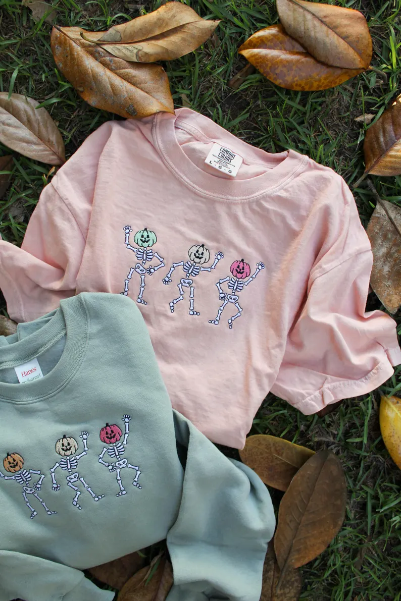 Dancing Skeletons Embroidered T-Shirt – Premium Comfort Colors Crewneck
