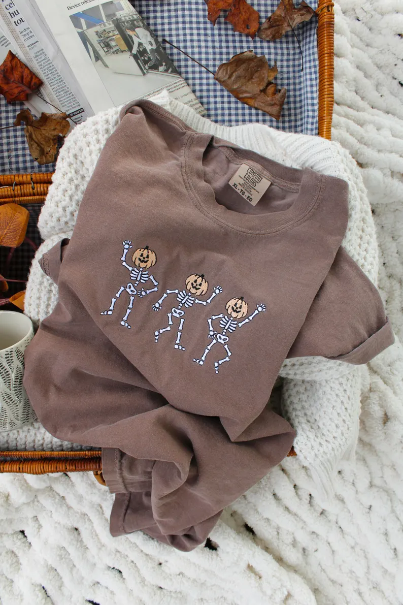 Dancing Skeletons Embroidered T-Shirt – Premium Comfort Colors Crewneck