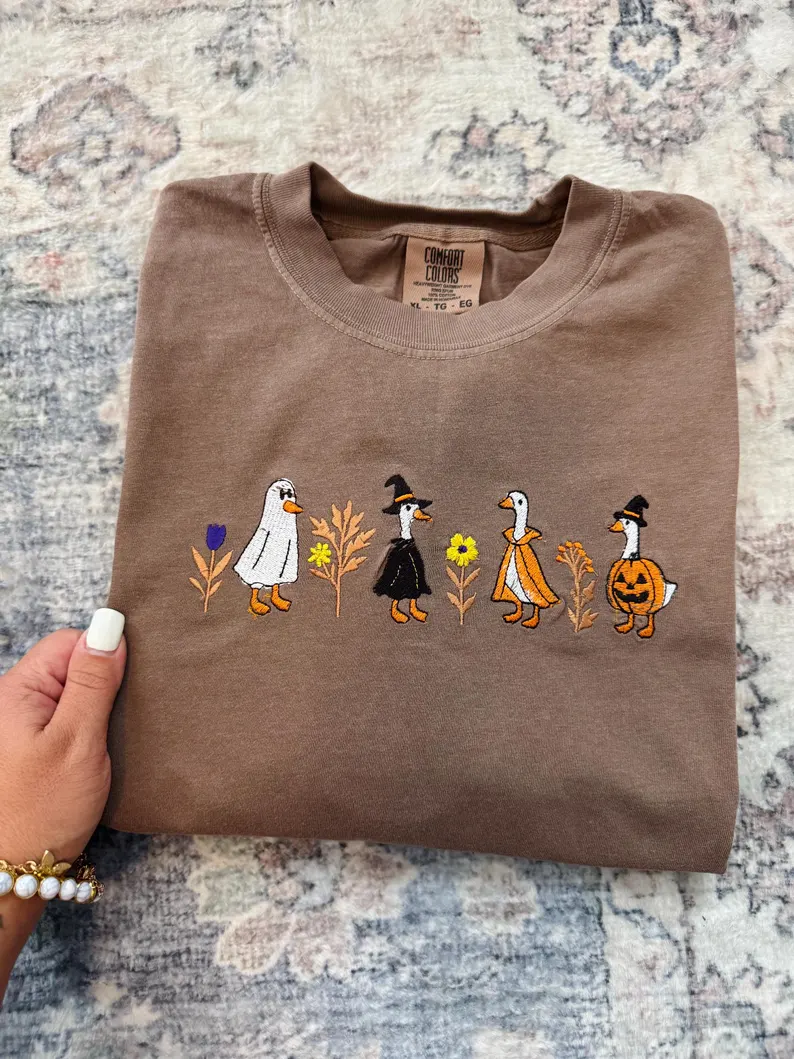 Halloween Geese Embroidered T-Shirt – Premium Comfort Colors T-Shirt