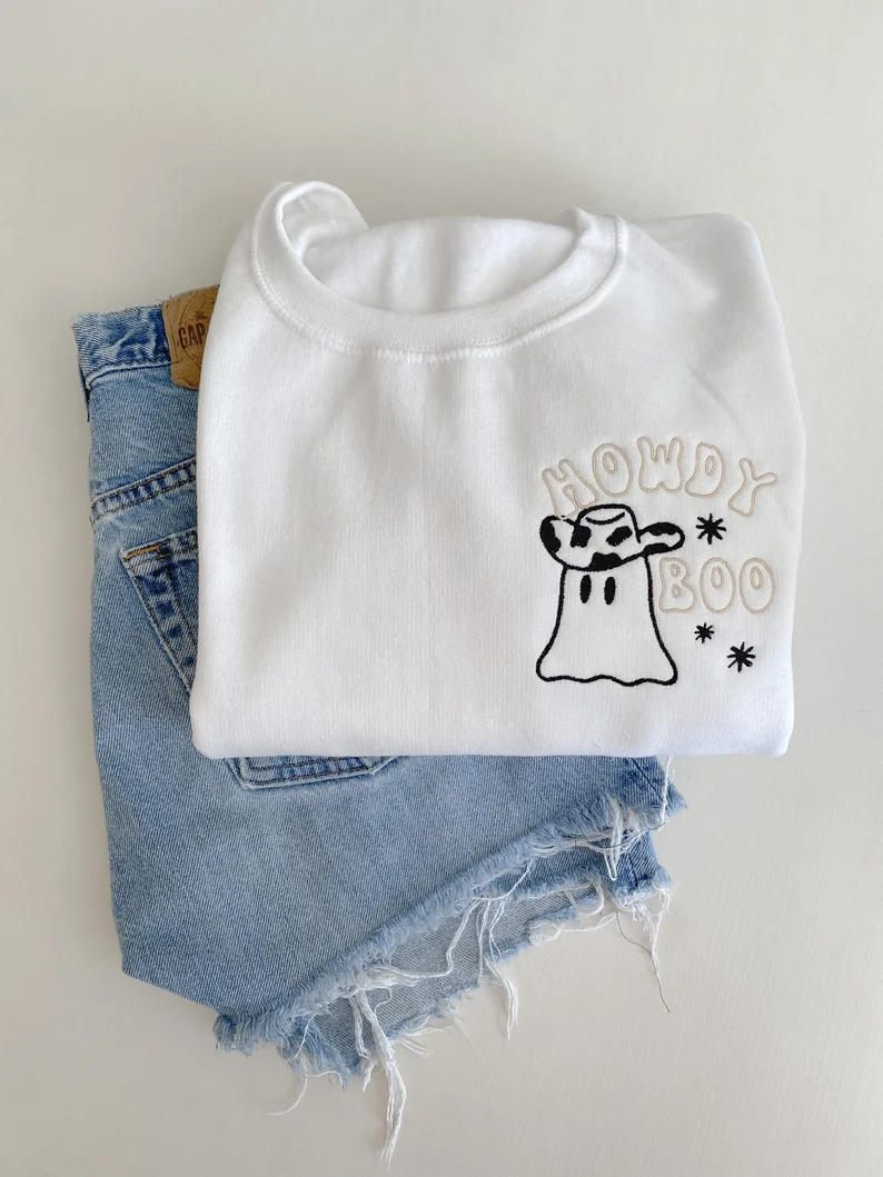 Halloween Embroidered Howdy Boo Crewneck  Sweatshirt