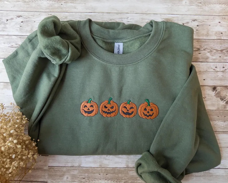 Embroidered Fall Sweatshirt – Spooky Season Jack-o-Lantern Crewneck