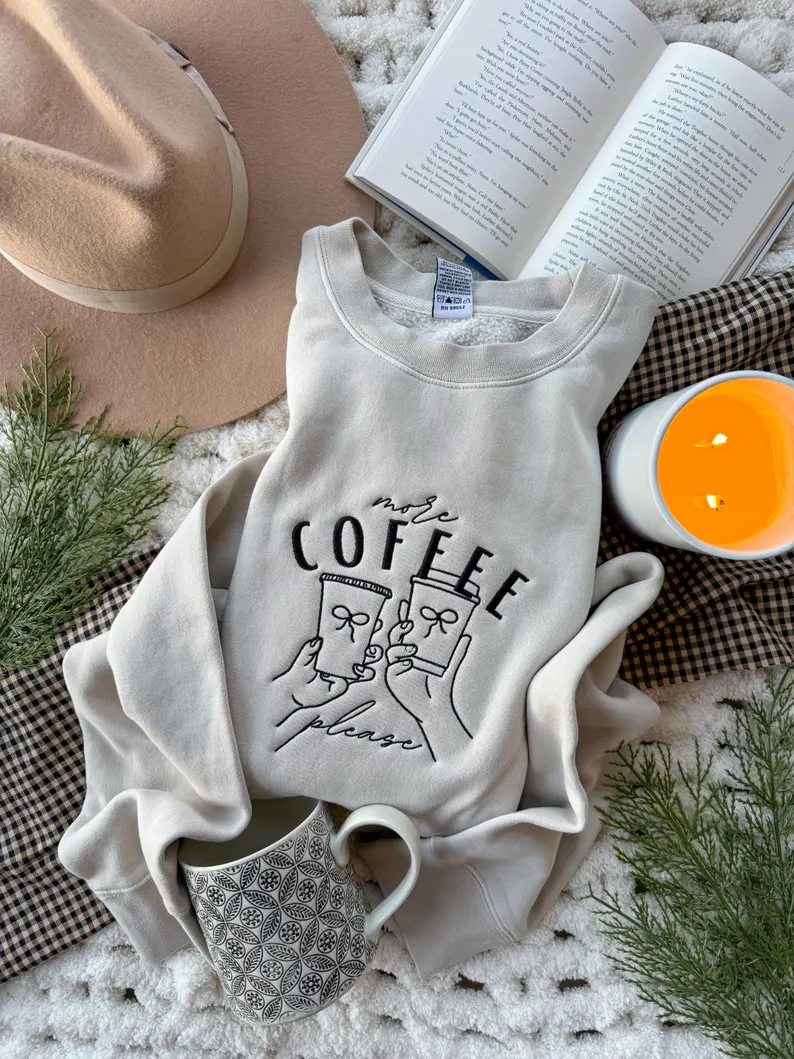 Oversized Coffee Lover Sweatshirt – More Coffee Please Embroidered Crewneck
