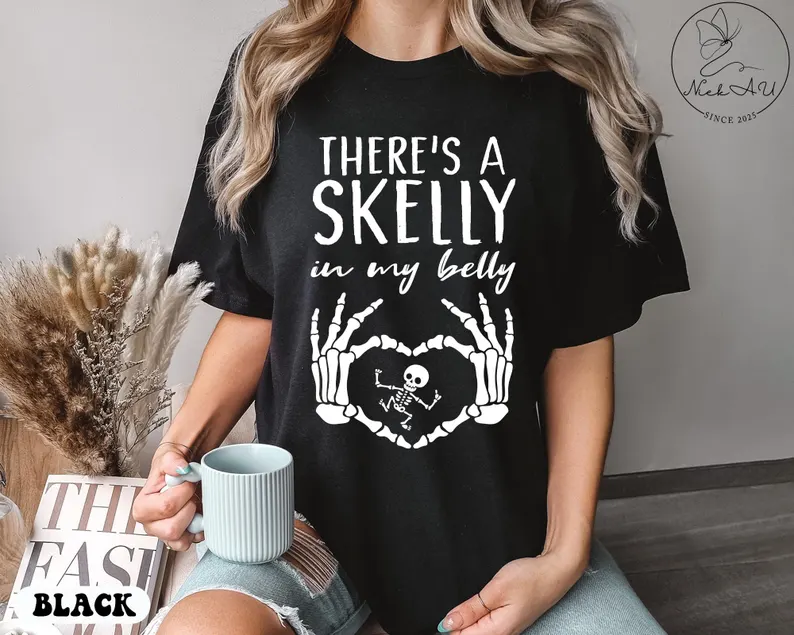 Spooky Skeleton Maternity Tee – Halloween Pregnancy Announcement