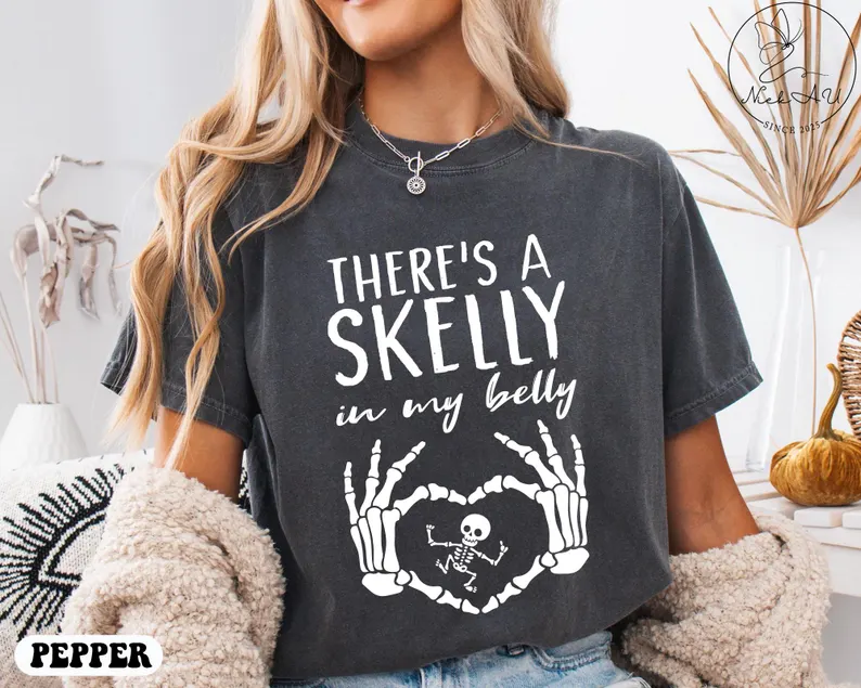 Spooky Skeleton Maternity Tee – Halloween Pregnancy Announcement