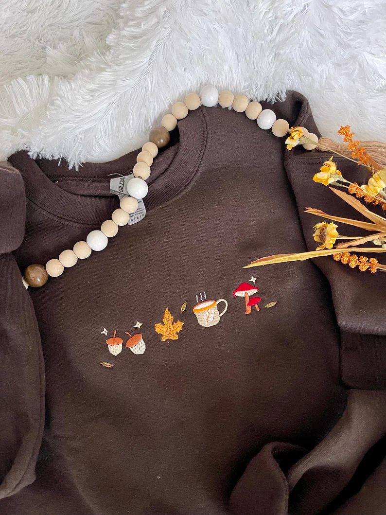 Minimalist Fall Sweatshirt – Embroidered Leaves Crewneck, Gifts for Her