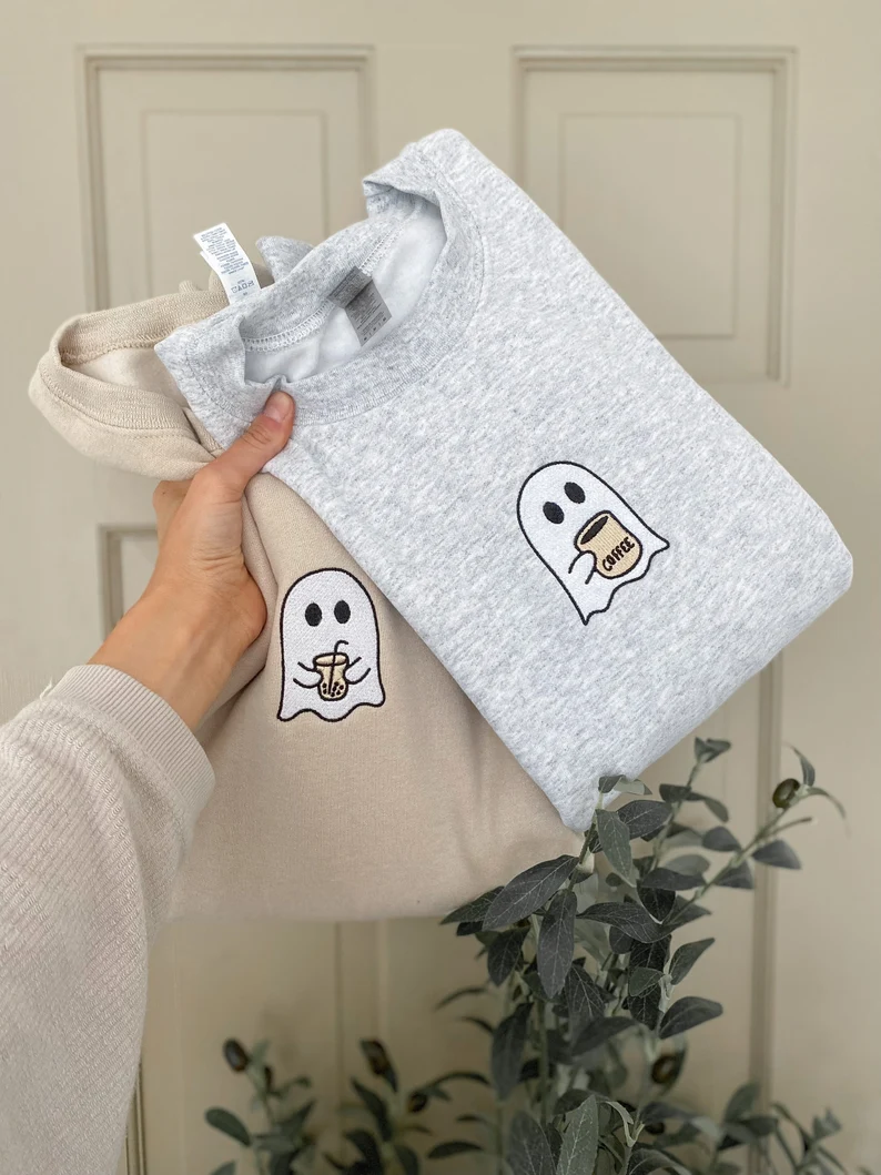 Little Ghost Coffee Embroidered Crewneck- Fall Sweatshirt