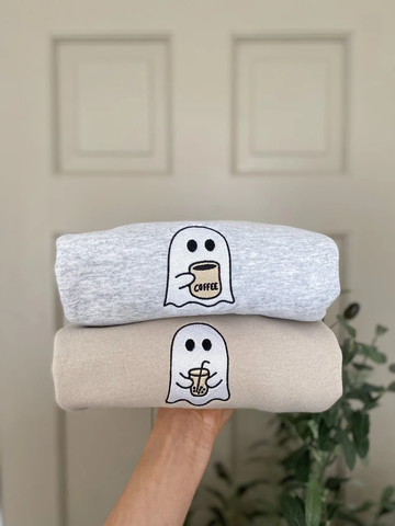 Little Ghost Coffee Embroidered Crewneck- Fall Sweatshirt