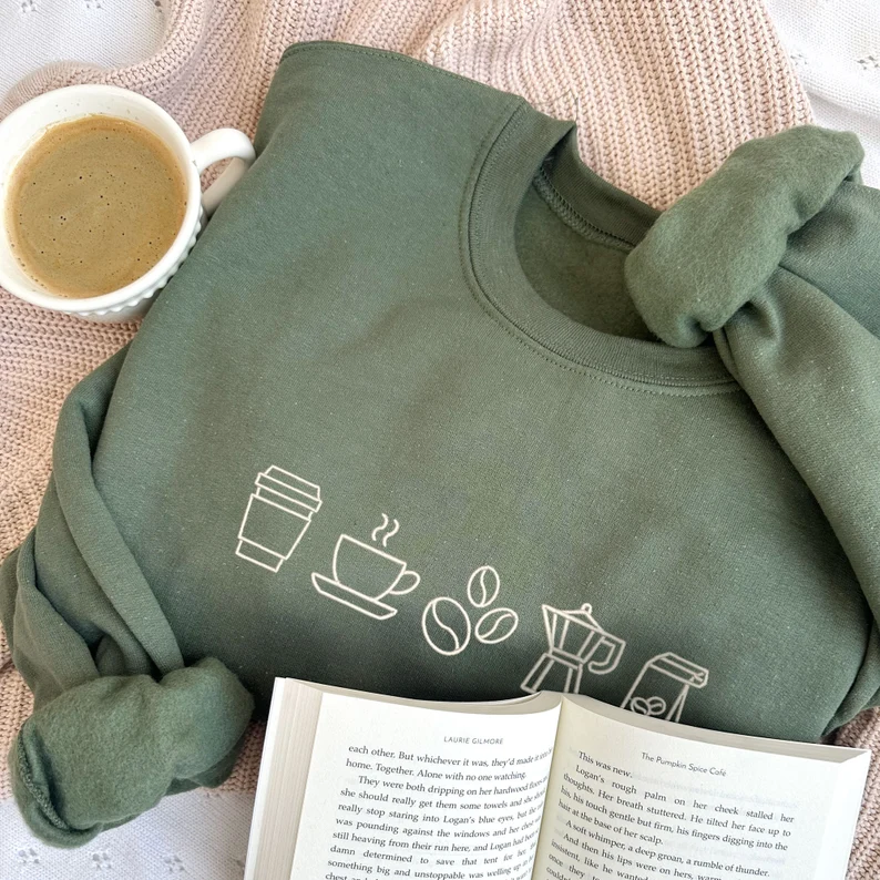 Embroidered Crewneck Gift for Coffee Lovers- Cozy Coffee Sweatshirt