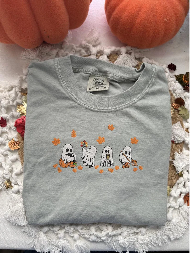 Embroidered Halloween Tee for Ghost Lovers- Boo Ghost Shirt