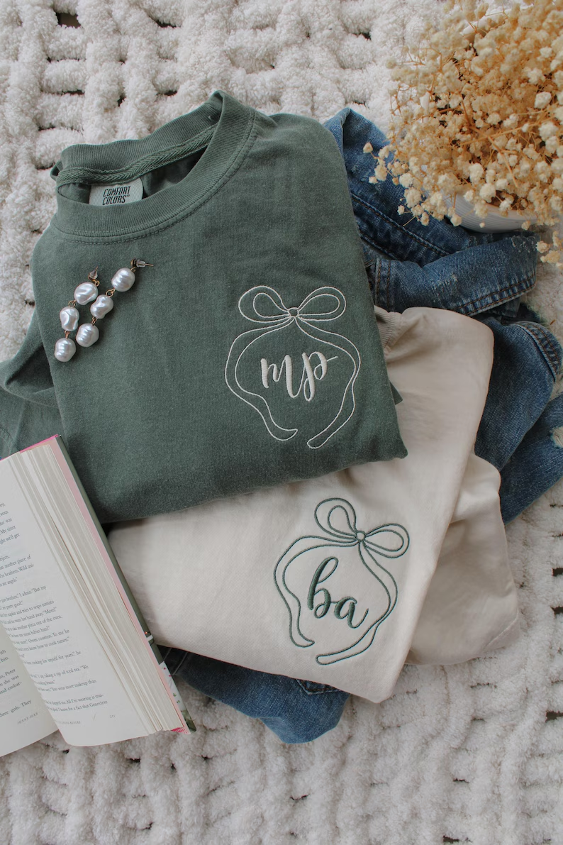 Whimsical Bow Initials Tee – Embroidered Comfort Colors® Shirt