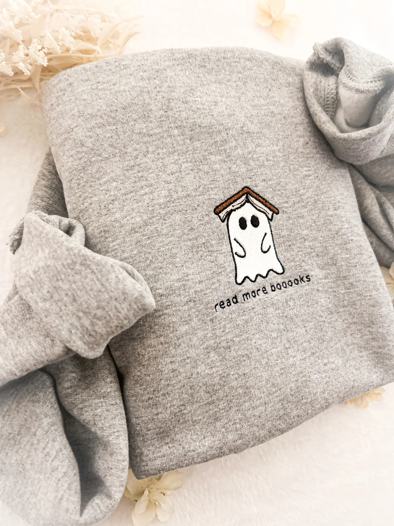 Embroidered Ghost Book Sweatshirt – Read More Booooks Crewneck